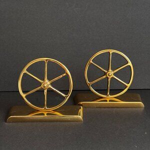 Vintage Brass Bookends Pair Wagon Wheel 5" Heavy by Virginia Metals Western 70s‎